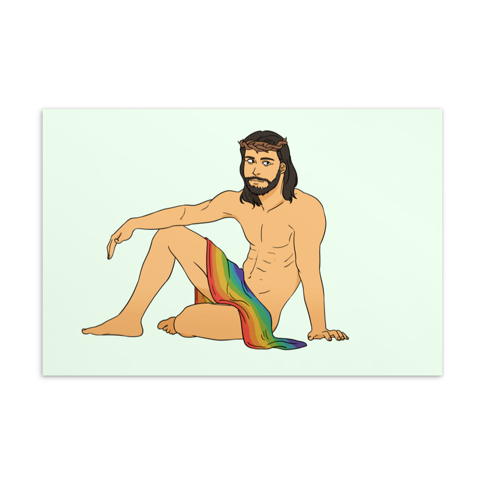 Postcard illustration of a nude, bearded Jesus figure seated with a rainbow cloth and crown of thorns
