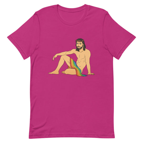Front view of a magenta T-shirt with a shirtless bearded Jesus illustration draped in a rainbow flag