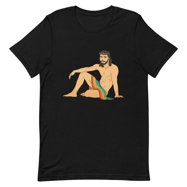 Front view of a black T-shirt with a shirtless bearded Jesus figure draped in a rainbow cloth