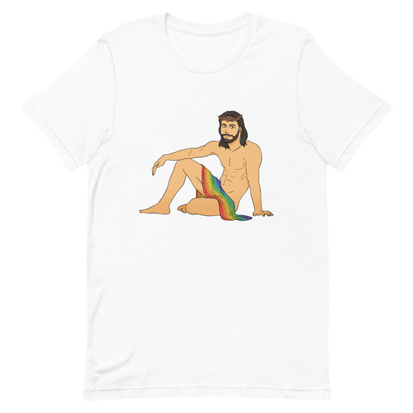 White T-shirt with a shirtless, bearded Jesus illustration draped in a rainbow flag