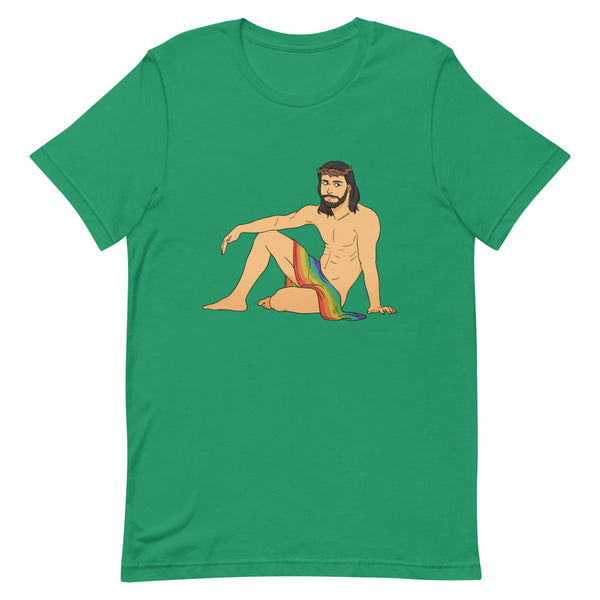 twinks sexy: Sexy Gay Jesus T-Shirt with a shirtless, bearded person in blue shorts