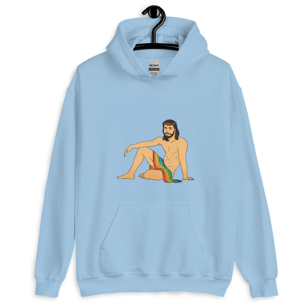 Front view of a light blue hoodie with a shirtless bearded man in a rainbow cloth graphic