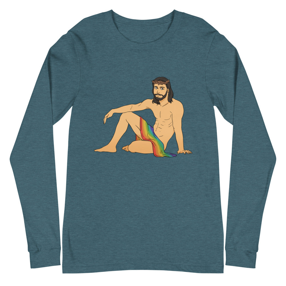 Flat-lay teal long-sleeve shirt with a seated nude, bearded Jesus illustration draped in a rainbow cloth