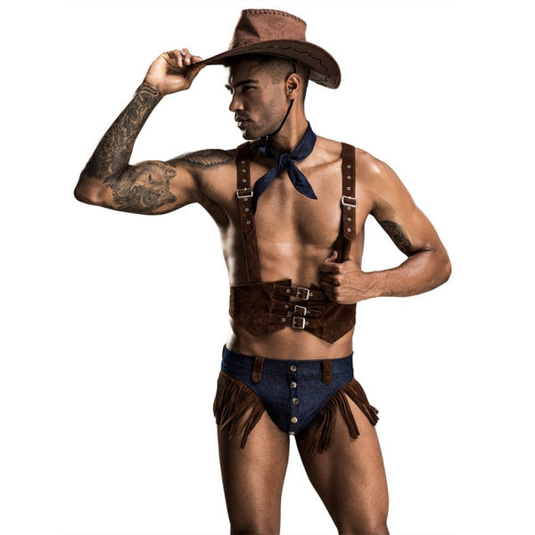 Ranch hand costume with brown cowboy hat, leather-look harness, blue neckerchief, and fringed briefs