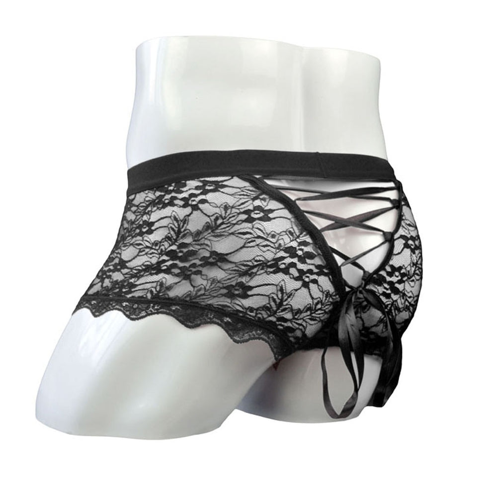 Black lace briefs on a mannequin, shown from the rear with crisscross lacing and a bow