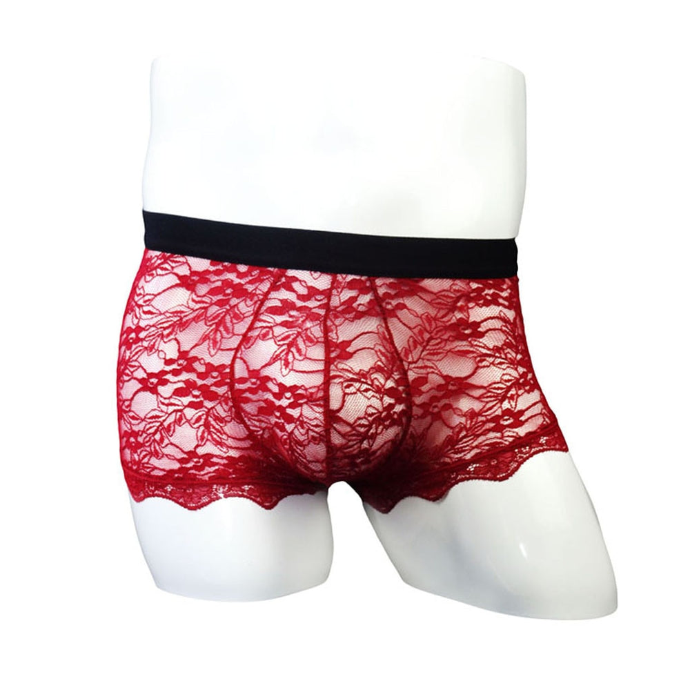 Front view of a mannequin wearing red floral lace boxer briefs with a black waistband