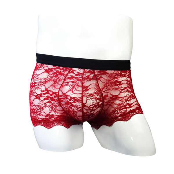 Front view of a mannequin wearing red floral lace boxer briefs with a black waistband