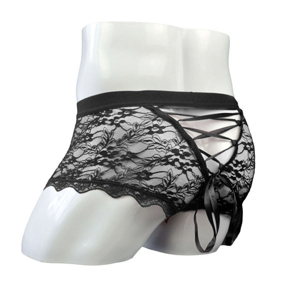 Black lace briefs on a mannequin, shown from the rear with crisscross lacing and a bow