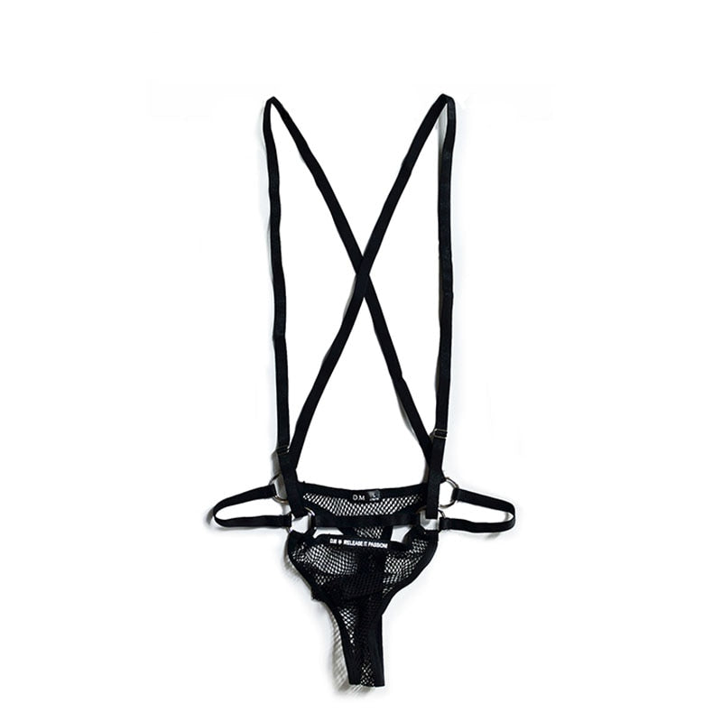 Front view of a black mesh strappy underwear harness with crossed suspenders