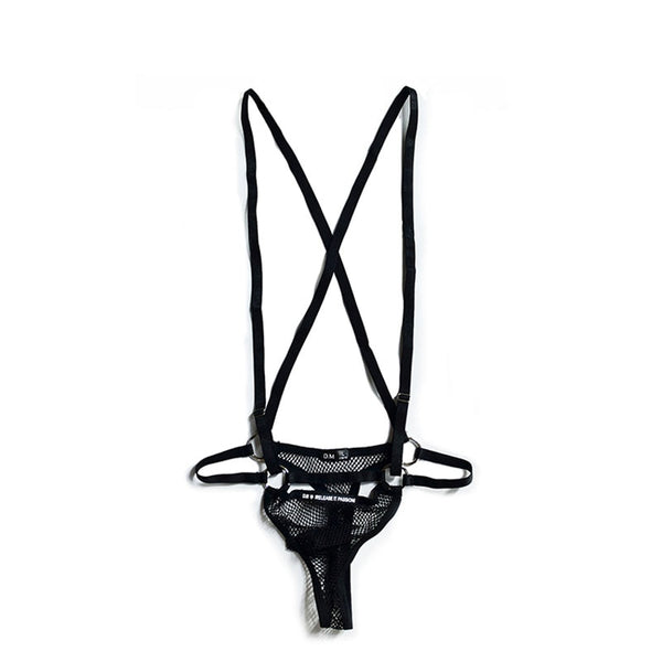 Front view of a black mesh strappy underwear harness with crossed suspenders