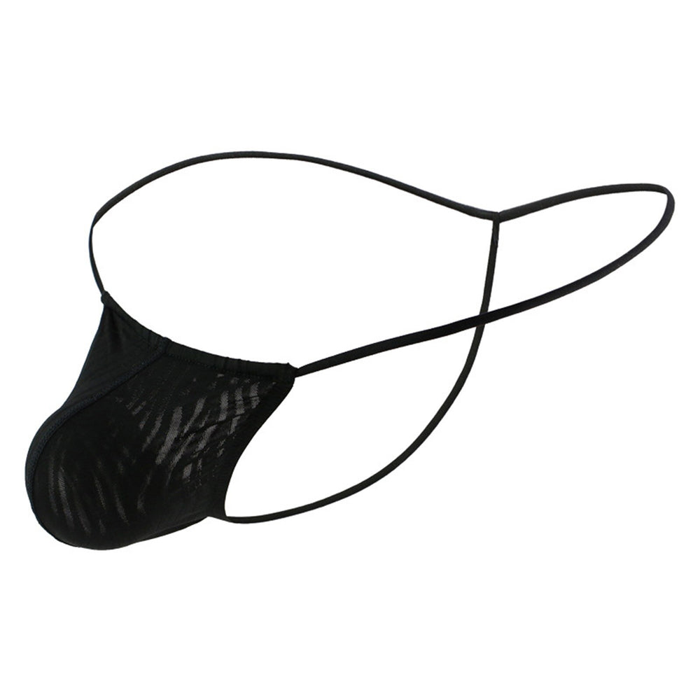 Black mesh thong with extremely thin straps, shown alone at an angled view on white