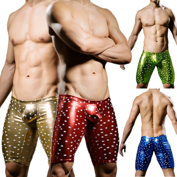 Collage of shirtless male models wearing glossy star-print hot pants in gold, red, and blue