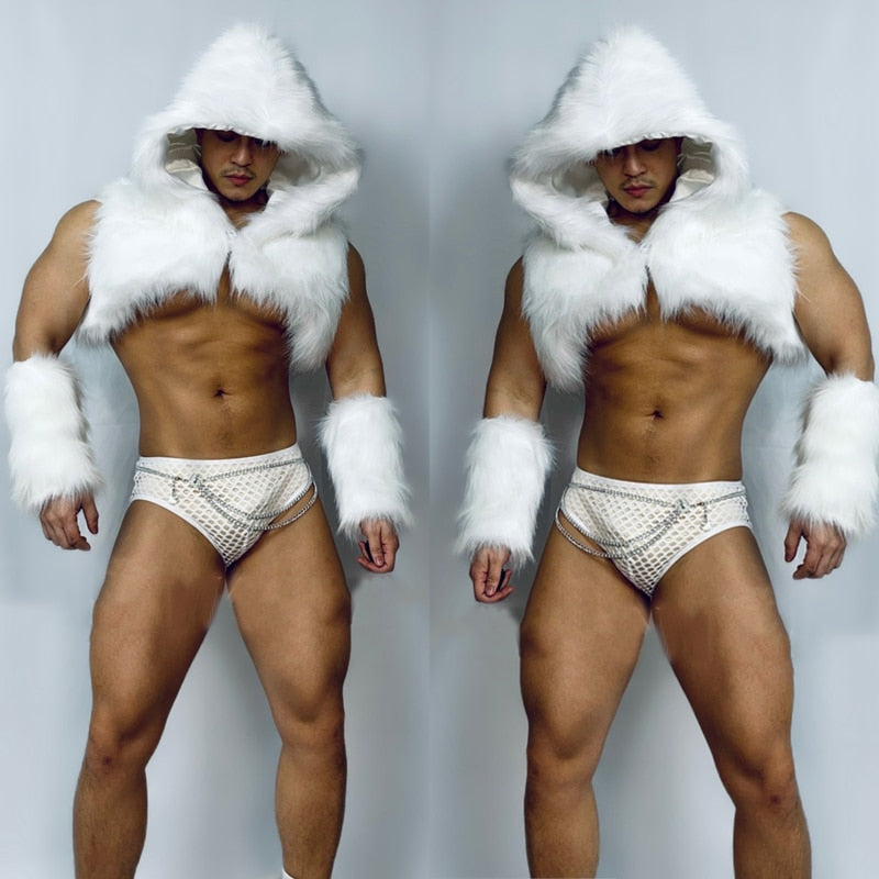 Two views of a model wearing a white furry hooded vest, cuffs, and patterned briefs