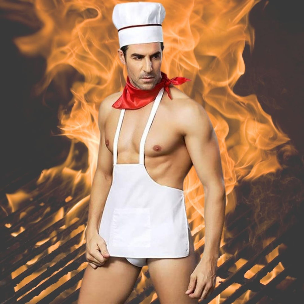 Model wearing a white chef costume with apron, chef hat, red neckerchief, and briefs