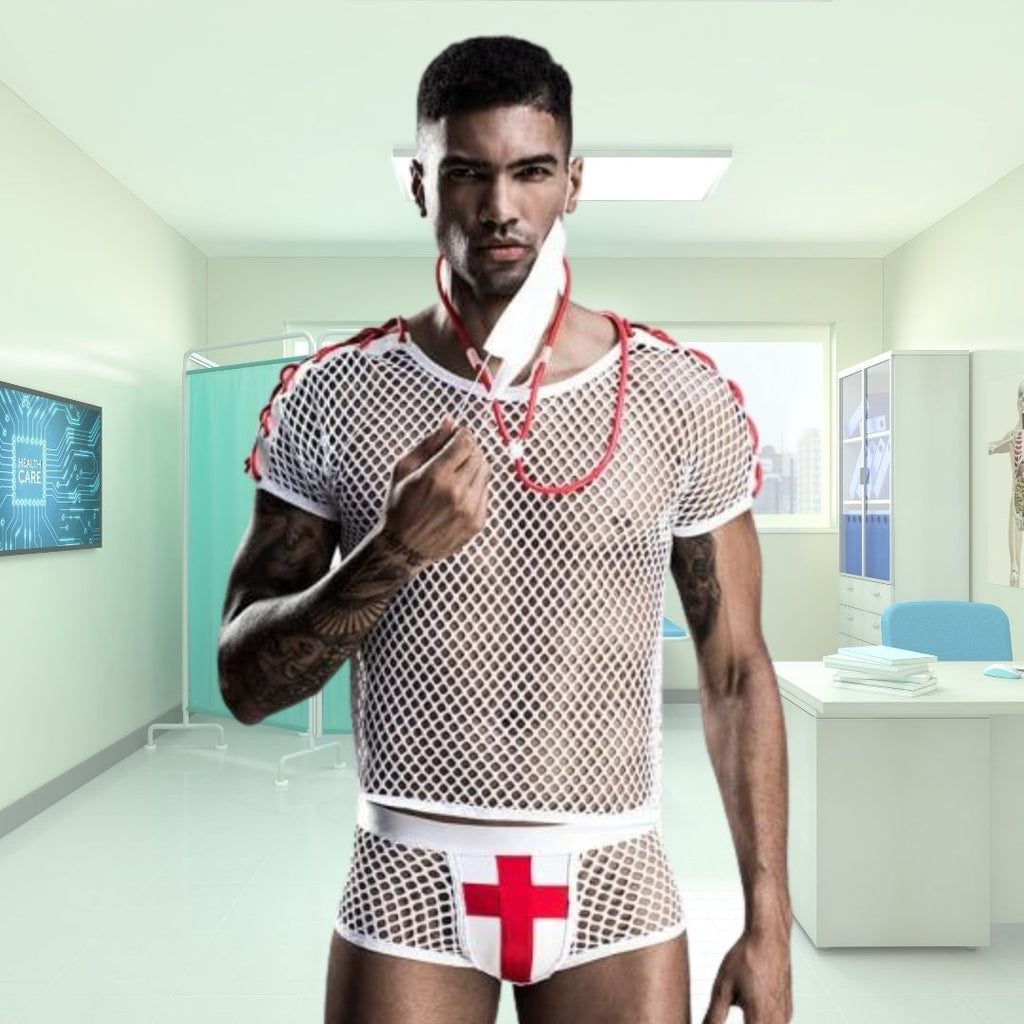 Model wearing a white mesh doctor costume with red cross briefs and stethoscope