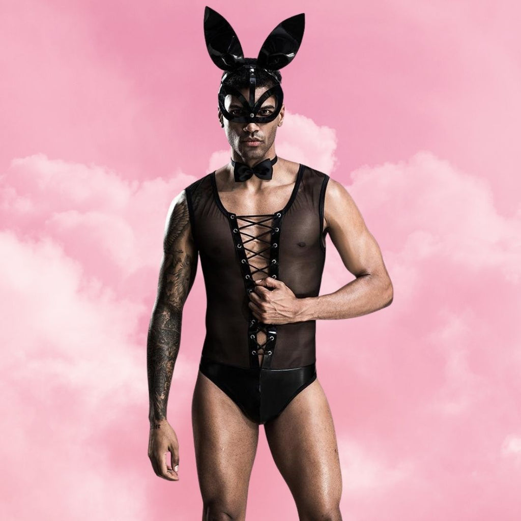 Black rabbit costume with sheer lace-up tank, briefs, bow tie, mask and upright ears