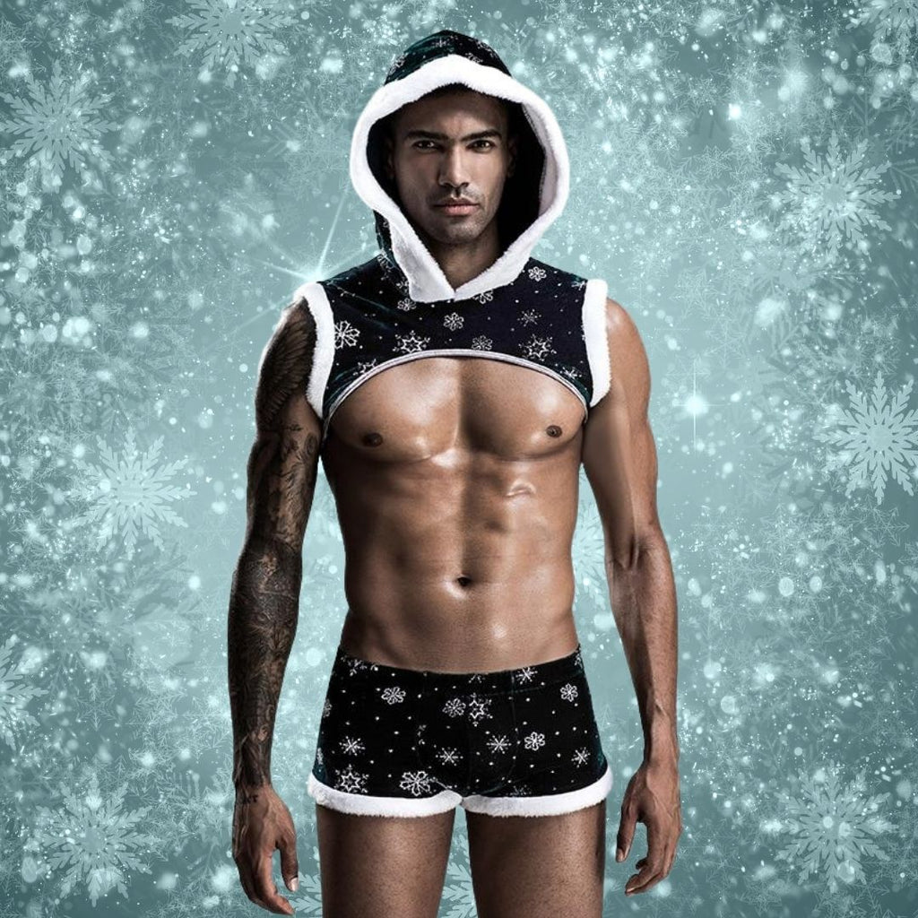 Front-facing model in a black-and-white snowflake Santa hood and short shorts