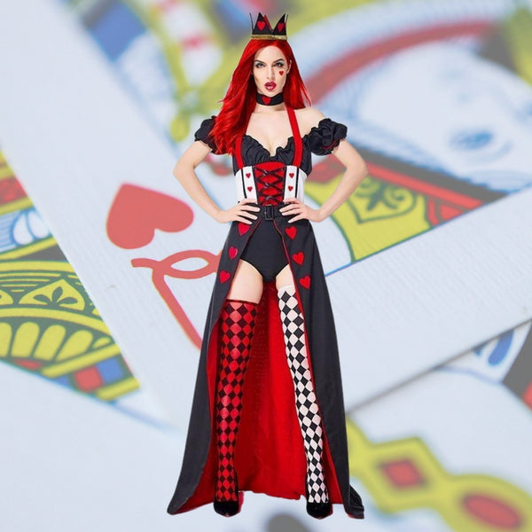 Front-facing model in a black, red, and white Queen of Hearts costume with crown