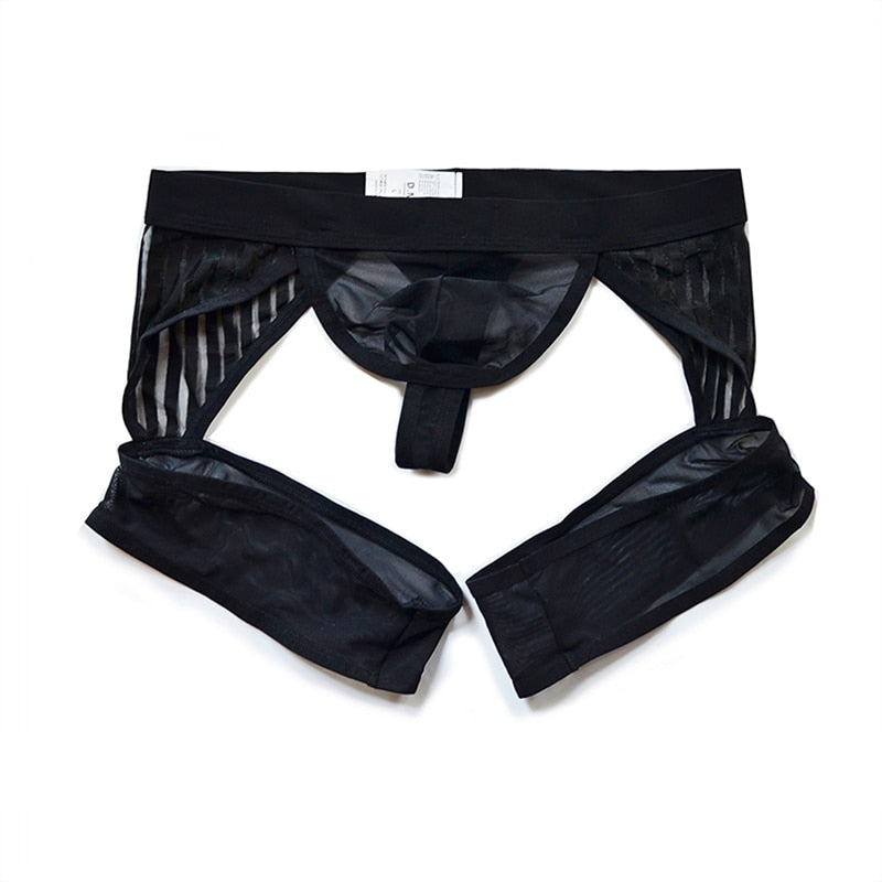 Black sheer mesh thong laid flat, with open sides and a front pouch