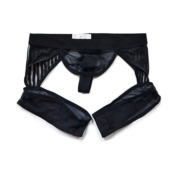 Black sheer mesh thong laid flat, with open sides and a front pouch