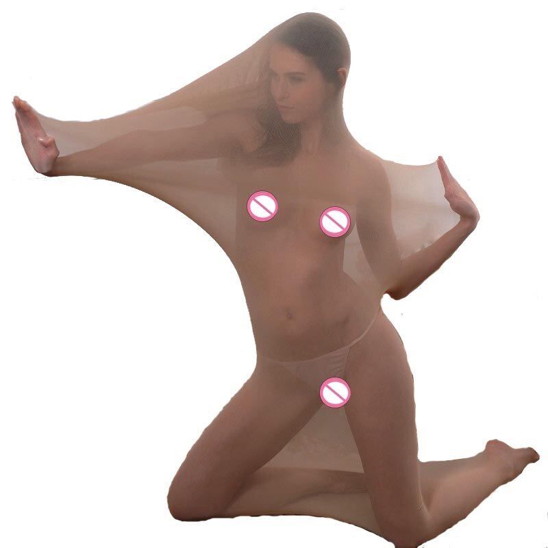 Model kneeling in a nude sheer cocoon bodystocking with extended sleeve panels