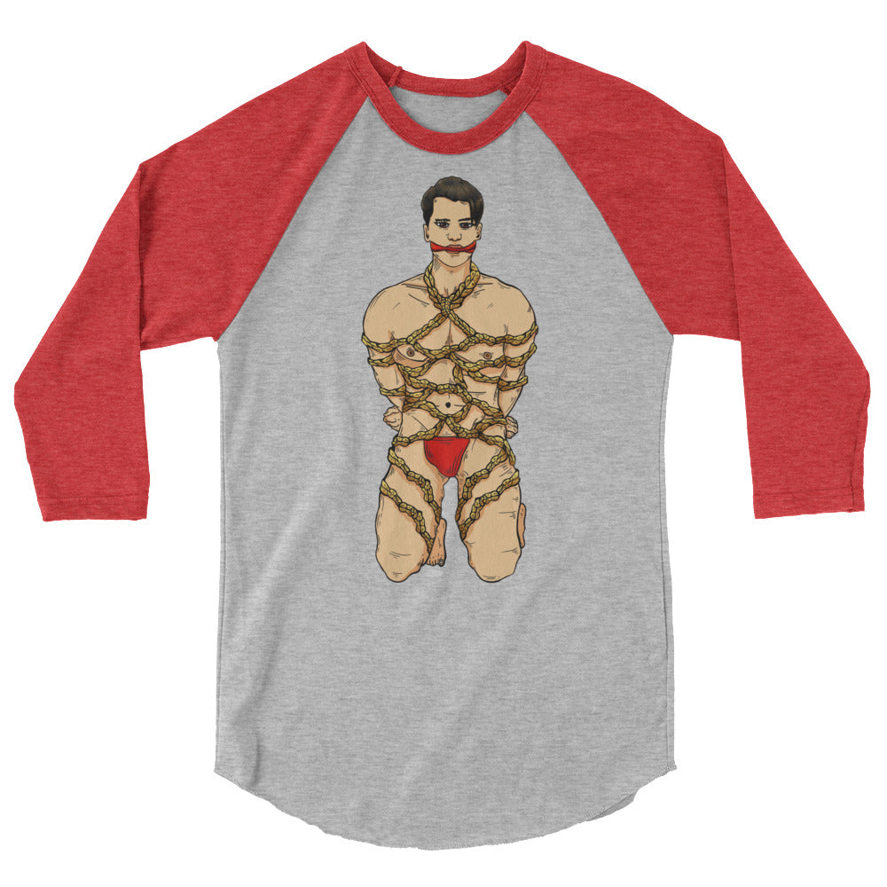 Gray and red raglan shirt featuring a bound, kneeling figure in red underwear