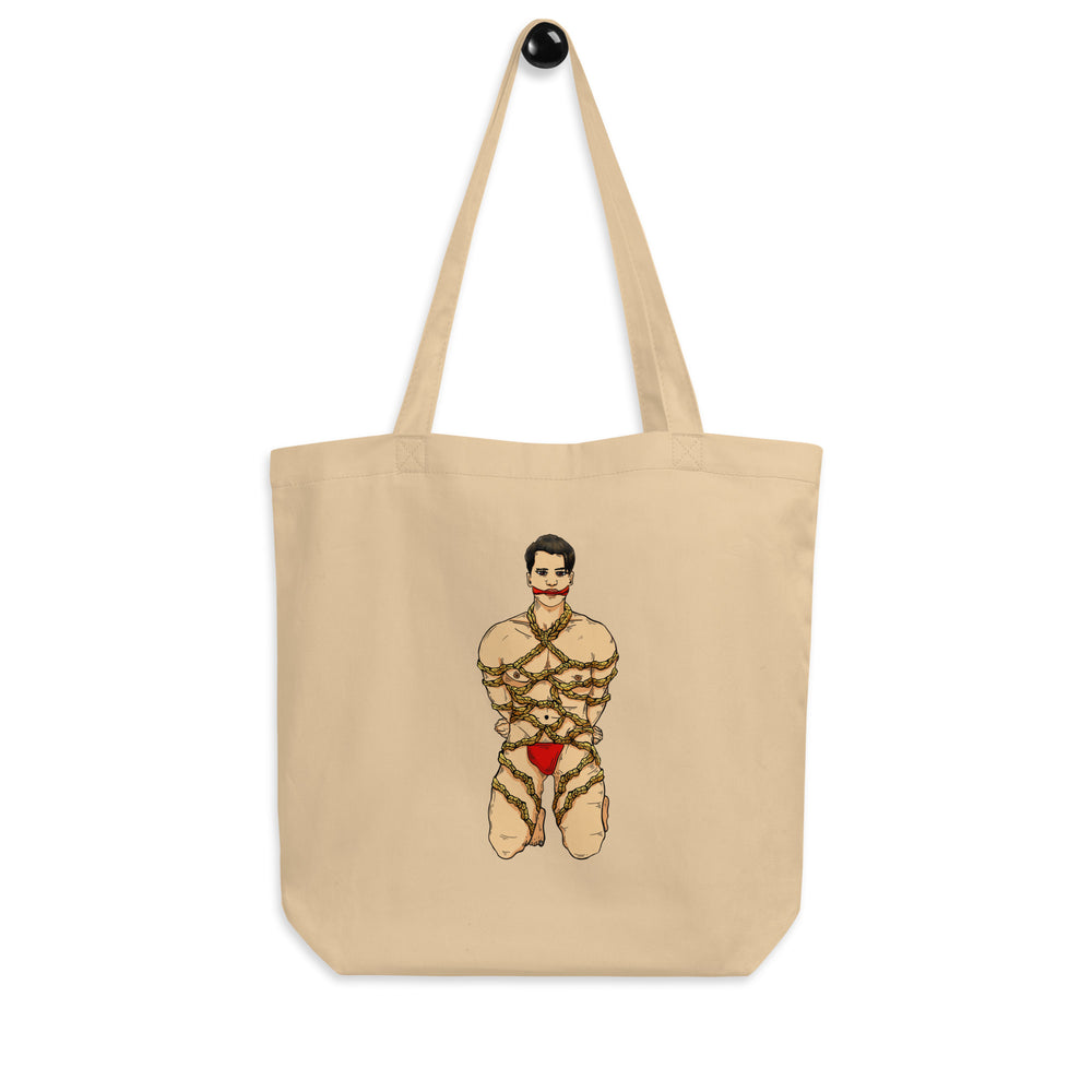 Natural canvas tote featuring a bound, gagged man in red underwear
