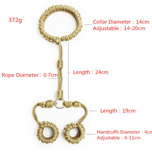 Tan rope shibari handcuffs arranged vertically with collar and measurement labels
