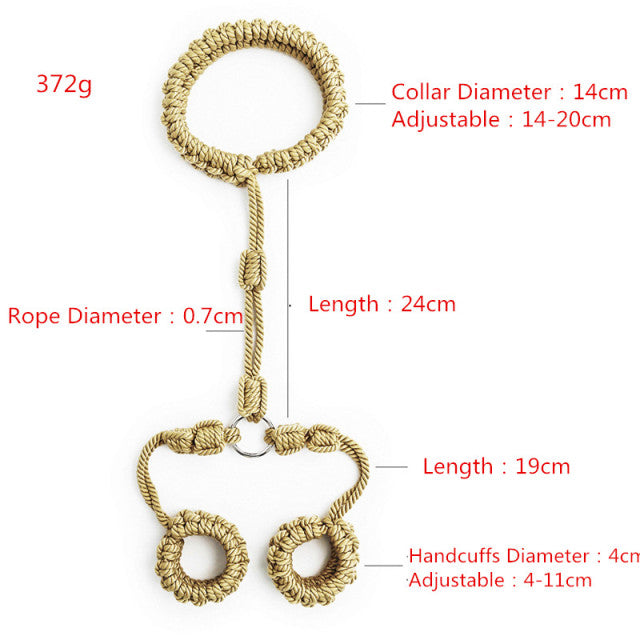 Tan rope shibari handcuffs arranged vertically with collar and measurement labels