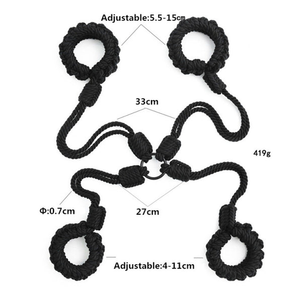Black braided shibari handcuffs arranged on white background with measurement labels