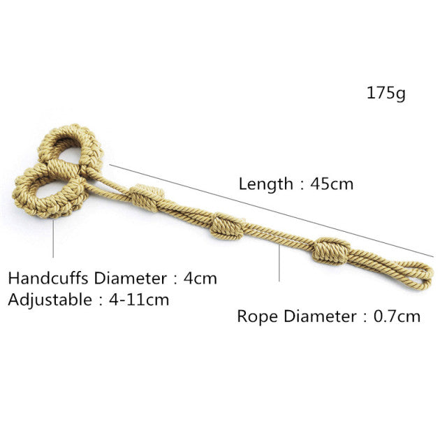 Tan rope shibari handcuffs with adjustable loops, shown with dimensions on a white background
