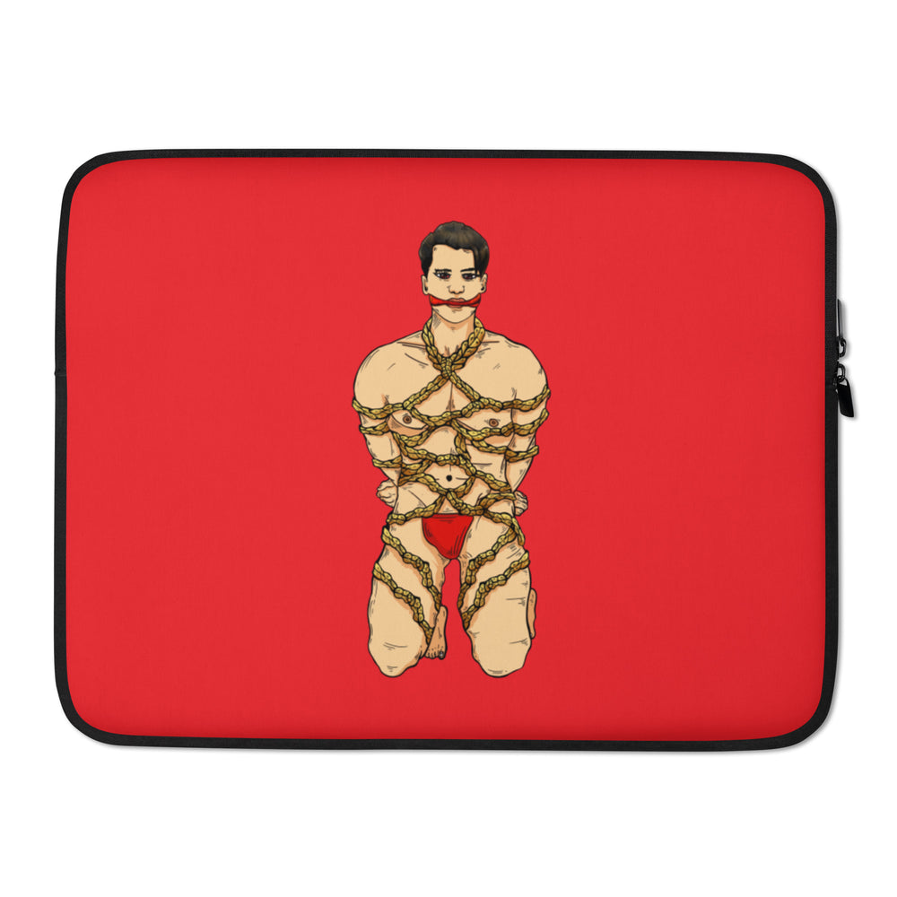Red laptop sleeve with black trim and a centered illustration of a person bound in rope