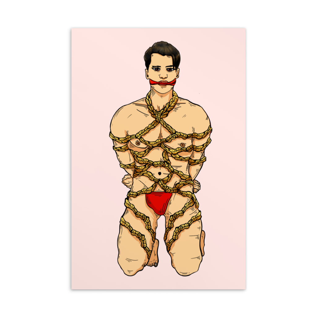 Illustrated postcard showing a kneeling person bound in elaborate shibari rope and red underwear