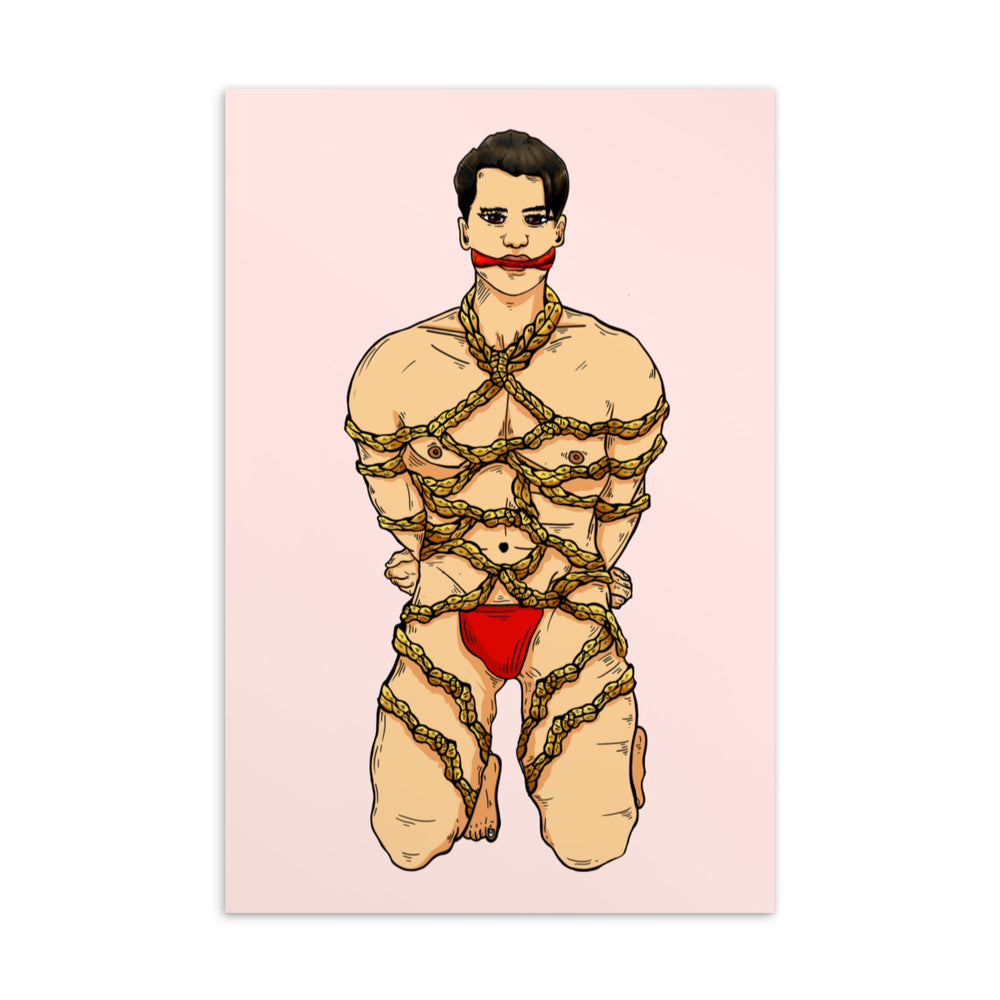 Illustrated postcard showing a kneeling person bound in elaborate shibari rope and red underwear