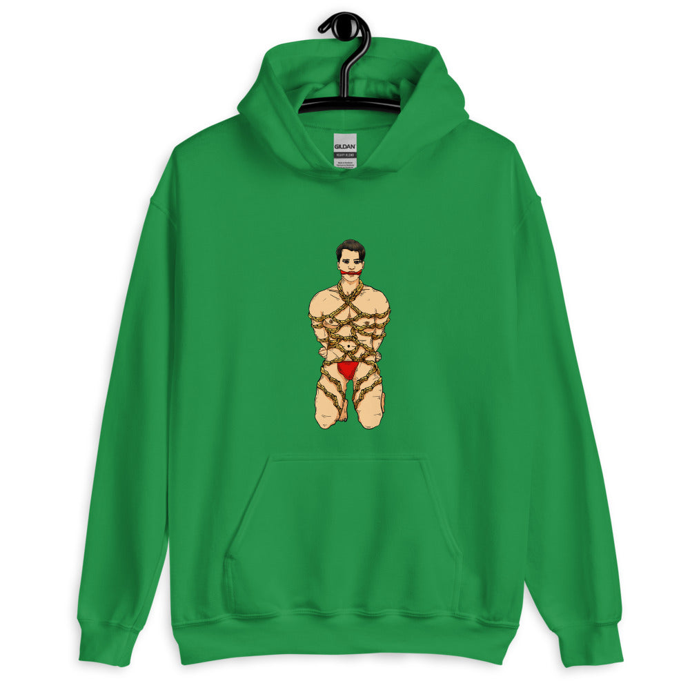 Front view of a green hoodie with a small illustration of a bound kneeling man in red underwear