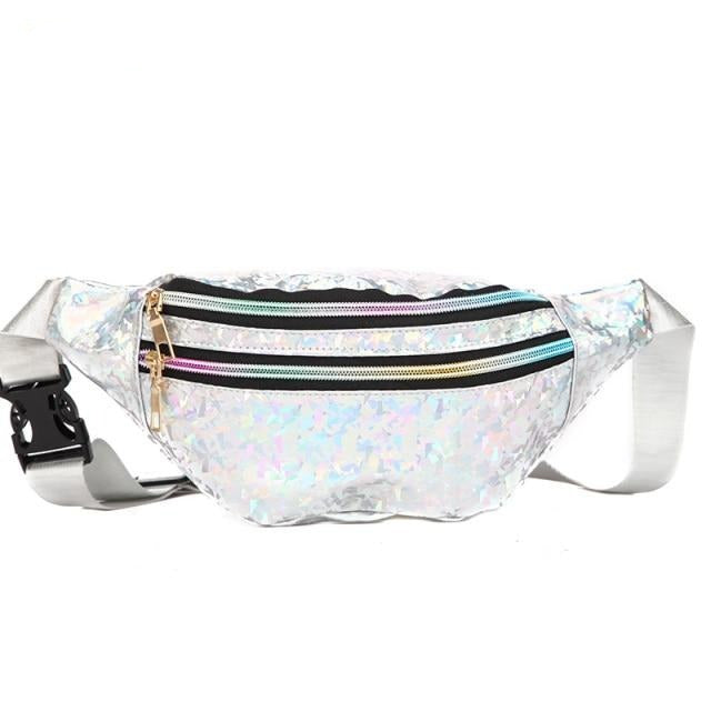 Iridescent shimmer fanny pack with two front zippered compartments and an adjustable white strap
