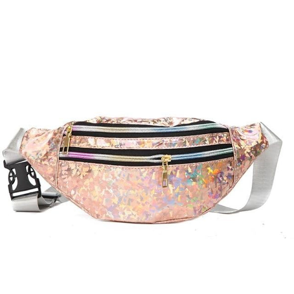 Holographic pink shimmer fanny pack with two front zippered compartments and gray strap