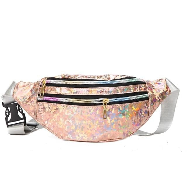 Holographic pink shimmer fanny pack with two front zippered compartments and gray strap