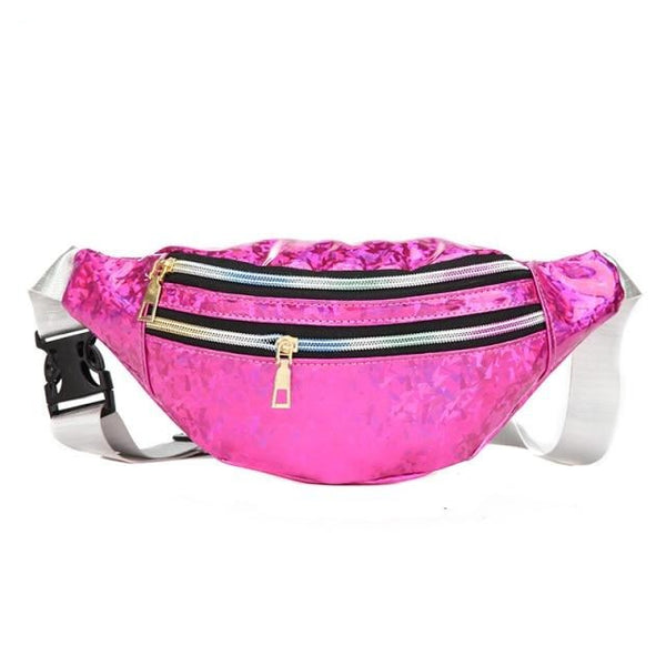 Shimmering hot-pink fanny pack with two zippered compartments and an adjustable white strap
