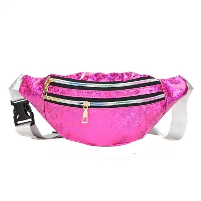Shimmering hot-pink fanny pack with two zippered compartments and an adjustable white strap
