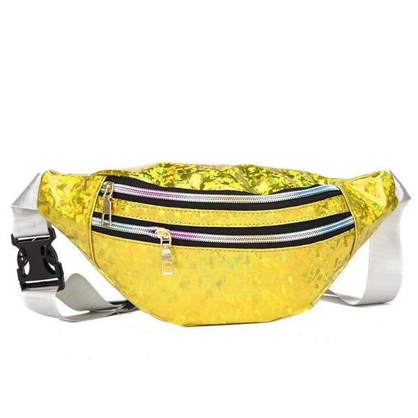 Yellow iridescent fanny pack with two front zippered compartments and adjustable white strap