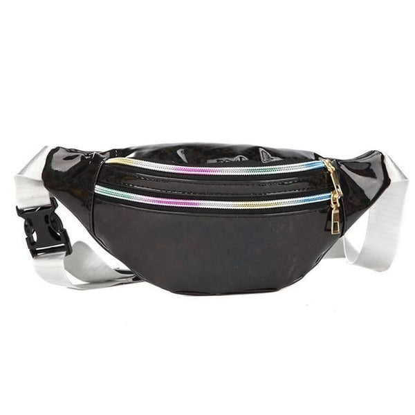 Black glossy fanny pack with two rainbow-zippered compartments and a white adjustable strap