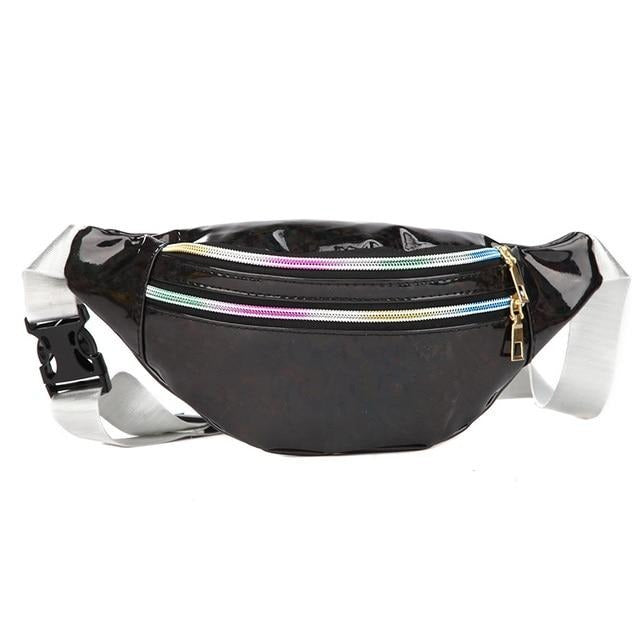 Black glossy fanny pack with two rainbow-zippered compartments and a white adjustable strap
