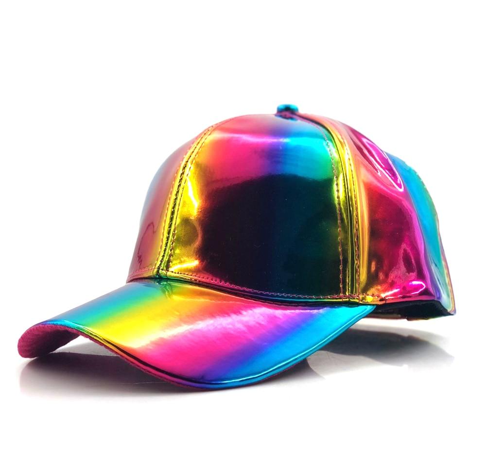 Iridescent rainbow reflective baseball cap with curved brim and stitched panel seams