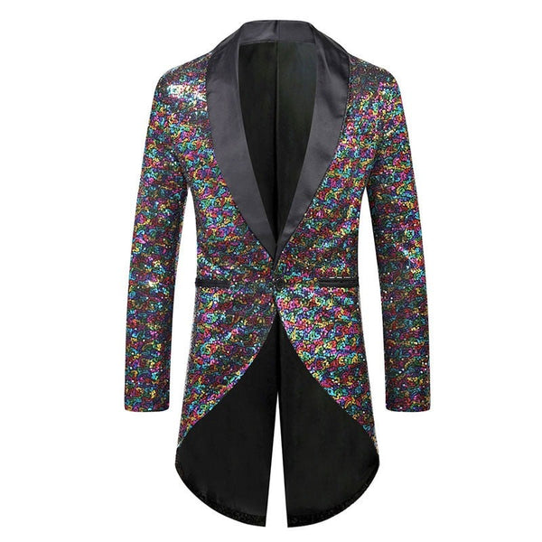 Front view of a long rainbow sequin tuxedo jacket with black satin lapels and tails