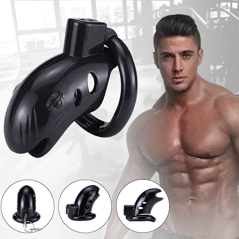 Black silicone cock cage shown beside a shirtless model, with detail views below