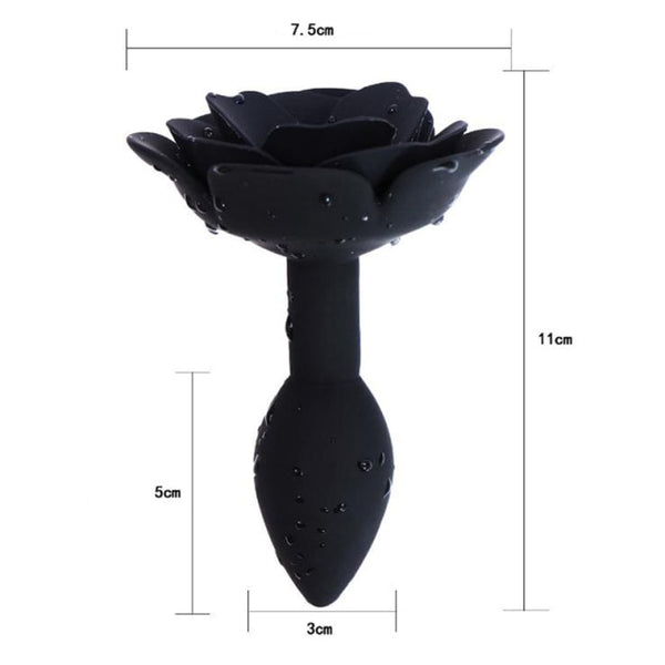 Black silicone rose-shaped butt plug shown upright with measurements labeled