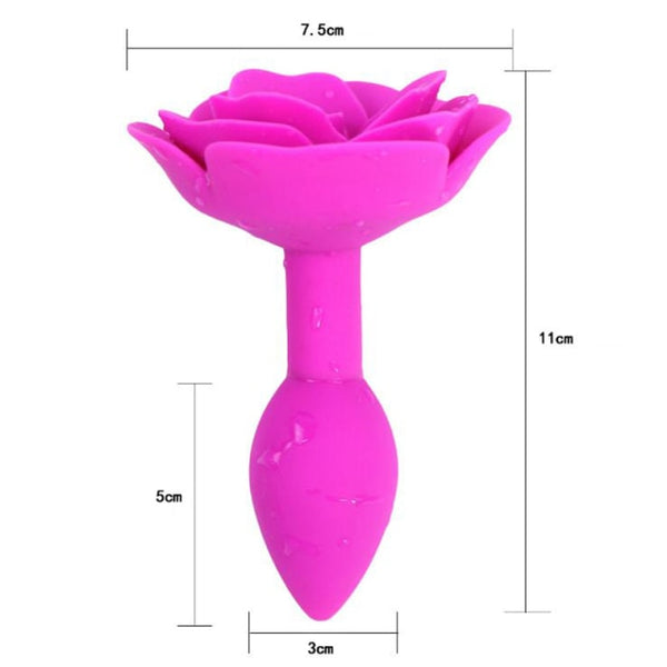 Bright pink rose-shaped silicone butt plug shown upright with 7.5 cm and 11 cm measurements