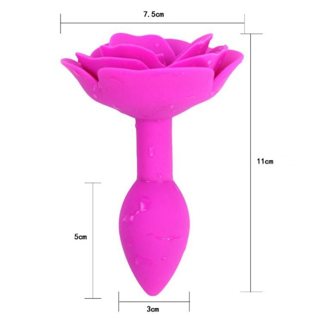 Bright pink rose-shaped silicone butt plug shown upright with 7.5 cm and 11 cm measurements