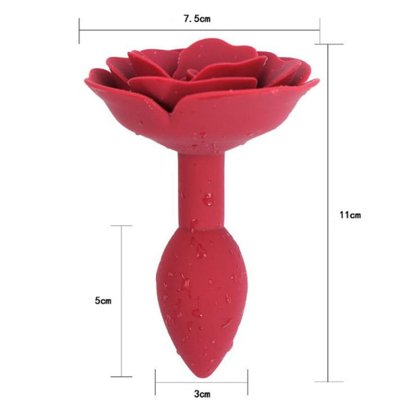 Red silicone rose-shaped butt plug shown upright with measurements labeled